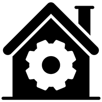 Black icon of a house with a chimney, featuring a gear inside, symbolizing home automation or smart home technology.