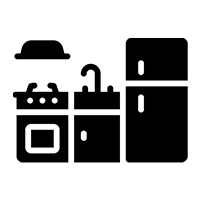 Illustration of a kitchen setup with a stove, sink, and refrigerator in a simple black silhouette style.