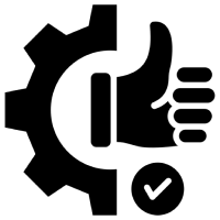 Black silhouette of a gear and thumbs up with a check mark, symbolizing approval or quality assurance.