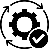 A gear surrounded by circular arrows and a checkmark, symbolizing process automation or successful completion.