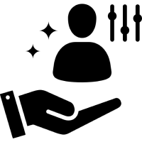 Silhouette of a hand supporting a person with sparkles and control sliders, symbolizing personal growth or customization.