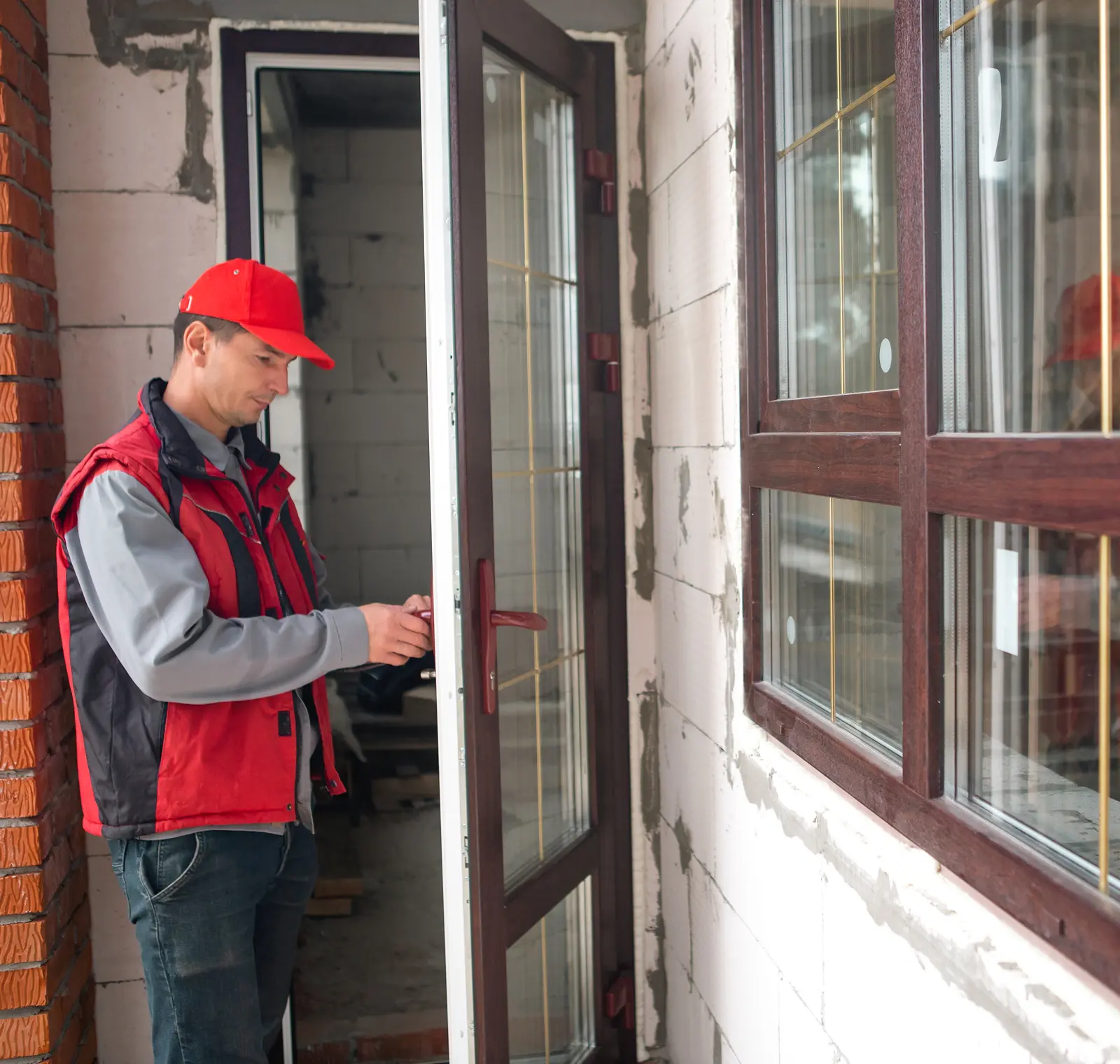 A man in a red cap and jacket installs a glass door in a partially constructed building.