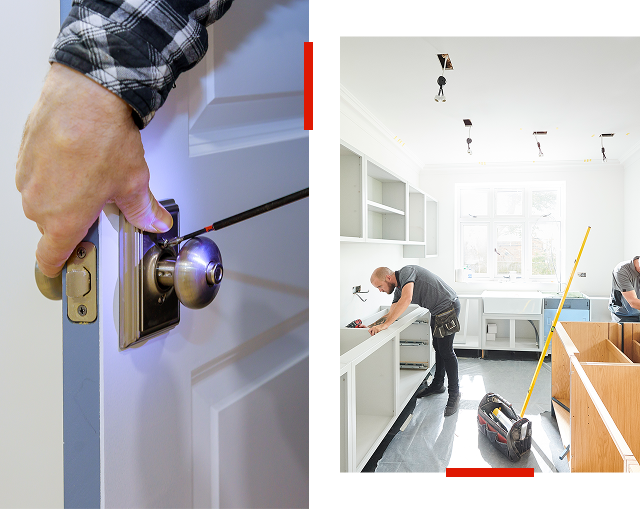 Left side shows a hand turning a doorknob. Right side features a man assembling kitchen cabinets in a well-lit room.