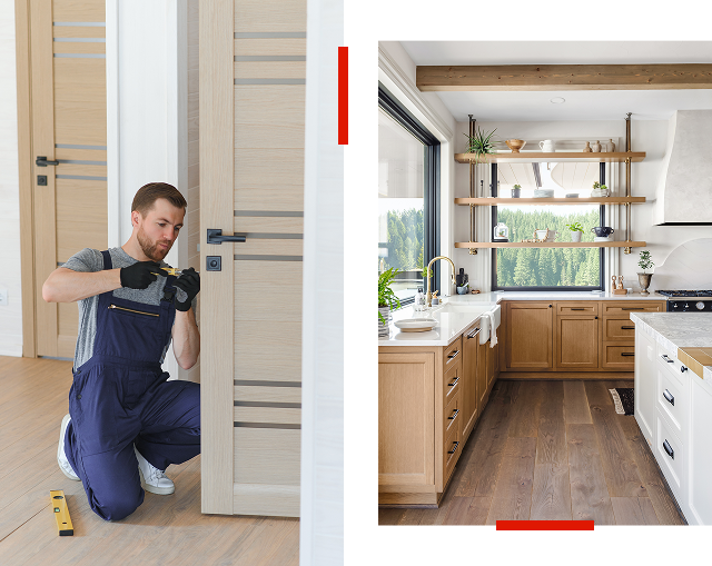 A man in overalls installs a door. On the right, a modern kitchen with wooden cabinets and open shelves is shown.