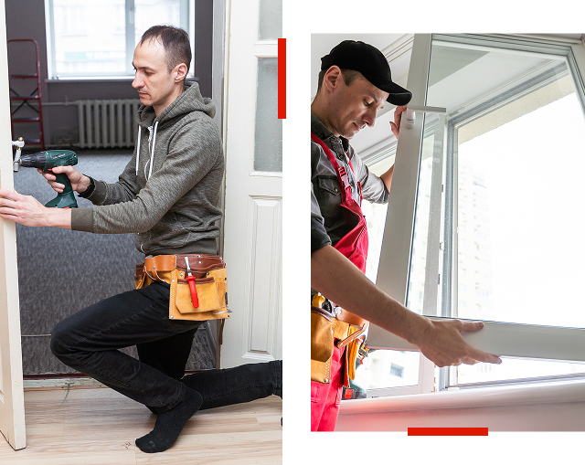Two images: Left shows a man kneeling with a drill; right shows a man installing a window. Both wear tool belts.
